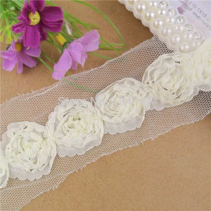 7yds 3D flower beige organza chiffon lace fabric 4cm wide sewing trim DIY craft wedding doll dress L2001 | Дом и сад