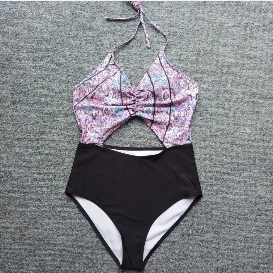 Sexy Women Hollow Cut Out Bodysuit Swimwear Bathing Suit High Waist Monokini Jumpsuit Print Beachwear Halter Neck Swimming | Спорт и