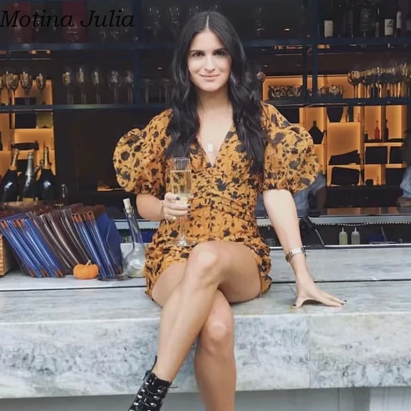 Motina Julia сексуальное элегантное платье с принтом и пышными рукавами женское