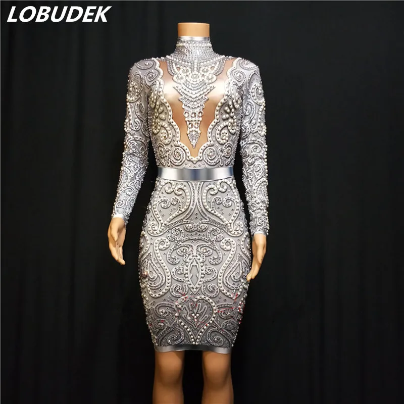 

New Women Gray Pearls Rhinestones Wrapped Buttock Short Dress Singer Host Stage Dance Costume Nightclub Party Sexy Elastic Dress