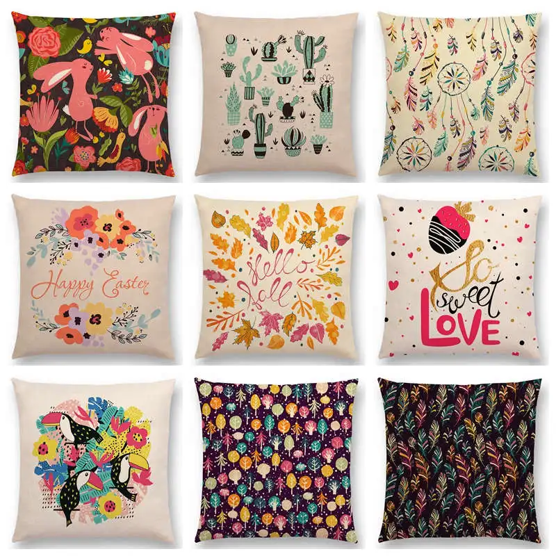 Наволочка для дивана с красивым цветком листом деревьями пером КАКТУСОМ