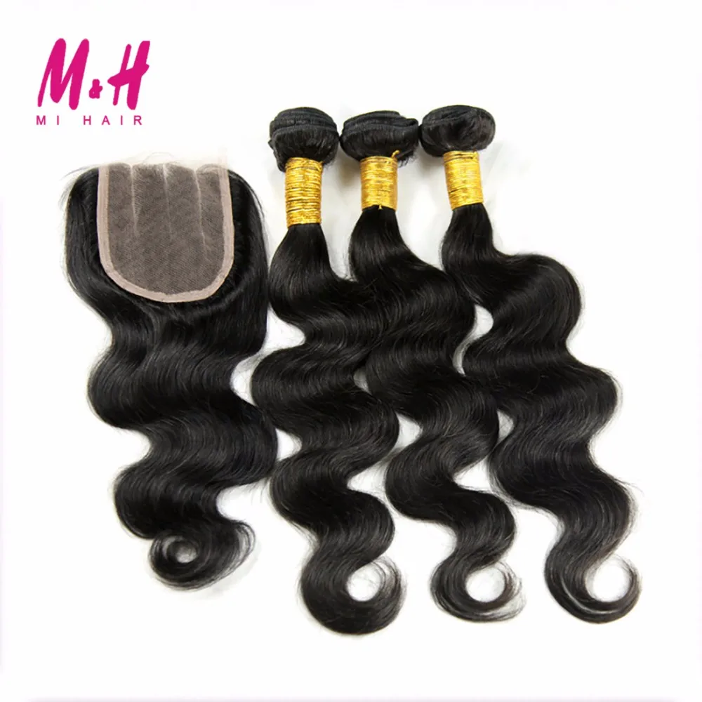 7 Необработанные Перуанский Девы Волос С Закрытие 3 Связки Закрытием Mi Объемной