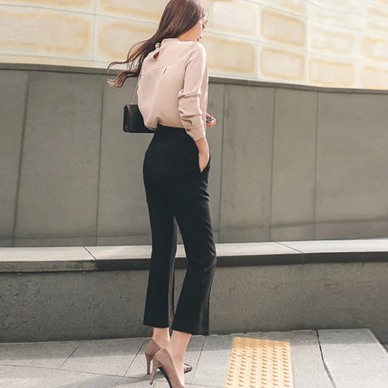 

JSXDHK Office Lady 2019 Autumn Women Suits Formal Pink Chiffon Long Sleeve Shirts Top + Work Wear Black Pencil Pants 2 Piece Set