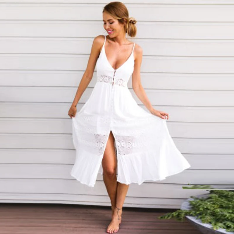 Женское кружевное однобортное платье белое Длинное свободное лето размера плюс
