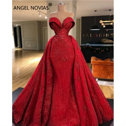 Красный ANGEL NOVIAS длинное красное Abendkleider арабское элегантное вечернее платье Vestido Sirena Largo со съемной юбкой - Цвет: Красный