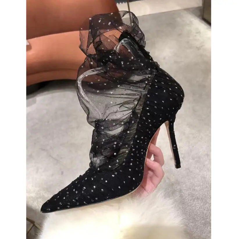 2019 с кружевным плетением туфли Bootie блестящие женские узором в горошек Туфли