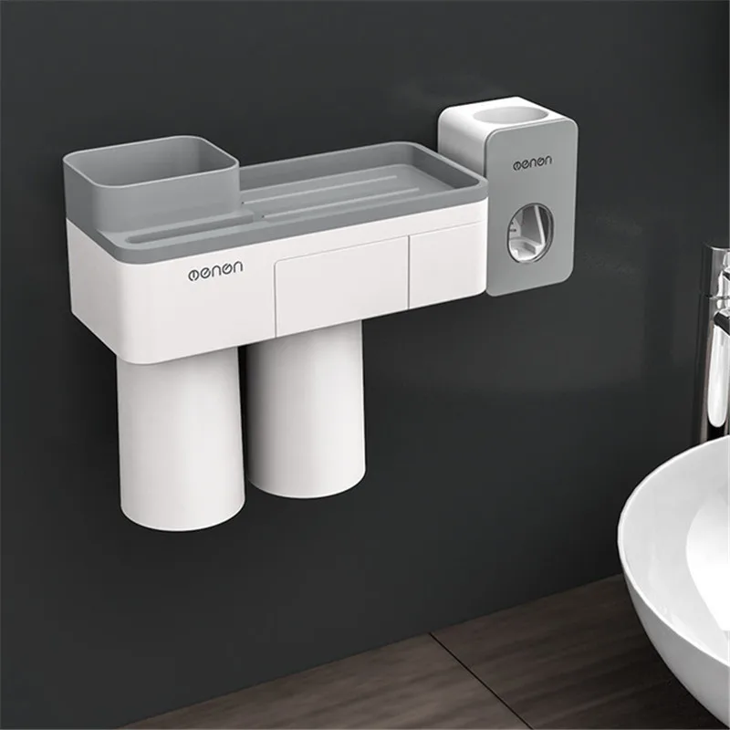 Gray 2 Cups A Магнитная Адсорбция перевернутый держатель зубной щетки с соковыжималкой зубной пасты с чашками для хранения ванной комнаты Набор аксессуаров для ванной комнаты - Цвет: Gray 2 Cups A