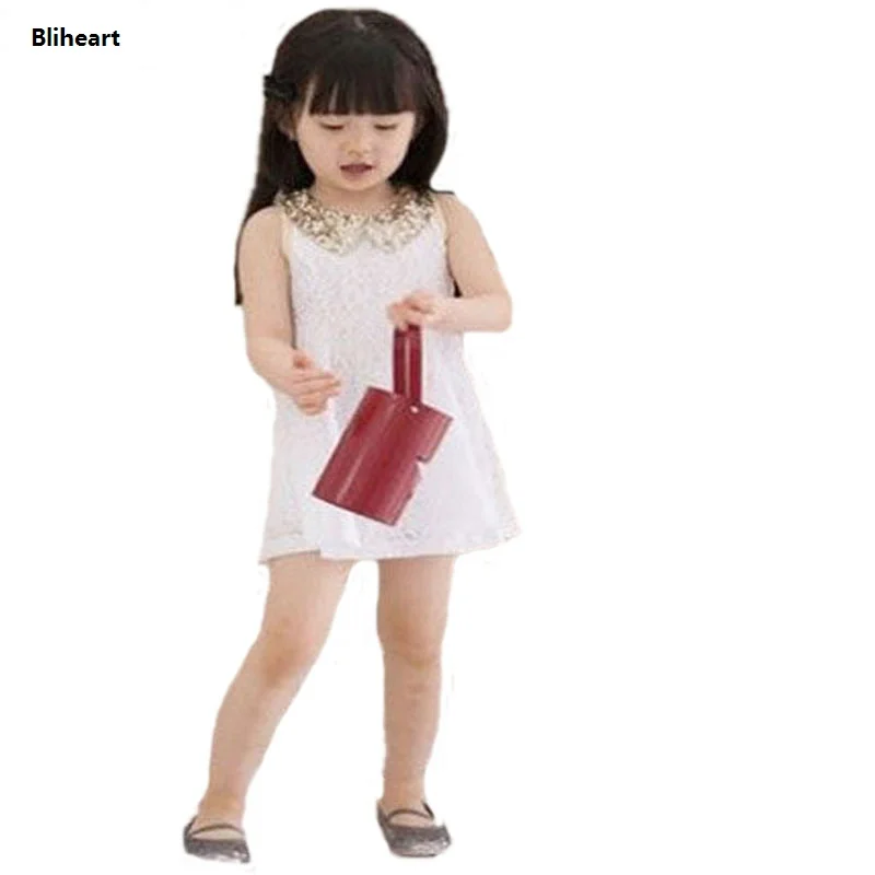Gold Sequins Peter Pan Collar Girls Dress Lace Sleeveless White/ Black Dresses Kids For 2 3 4 5 6 7 8 9 Years Prom Summer | Детская