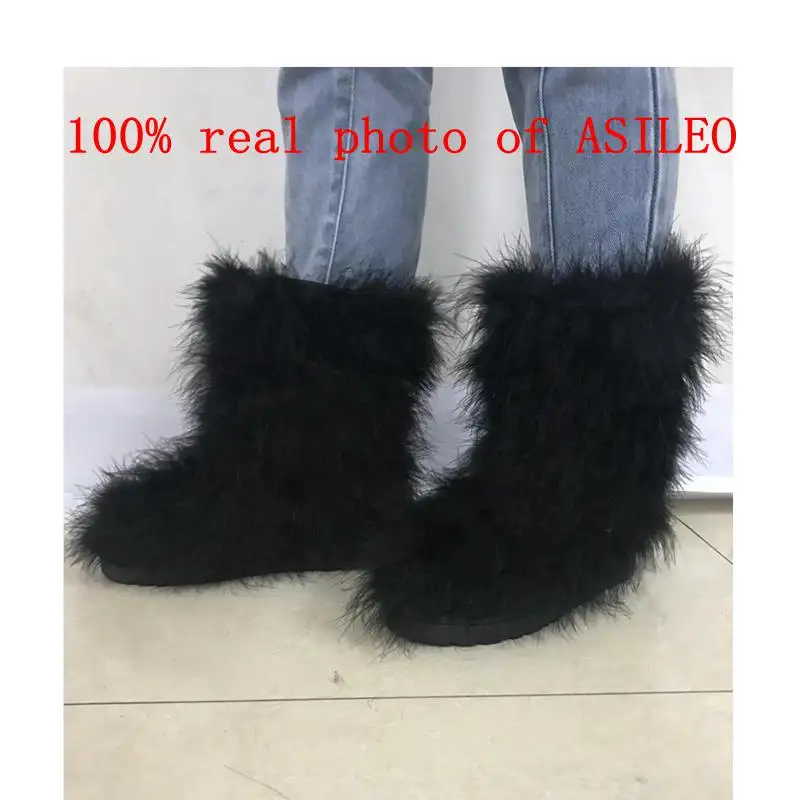 ASILETO/зимние женские теплые ботинки; теплые лыжные ботинки на плоской подошве с натуральным мехом страуса и перьями; botte; T553