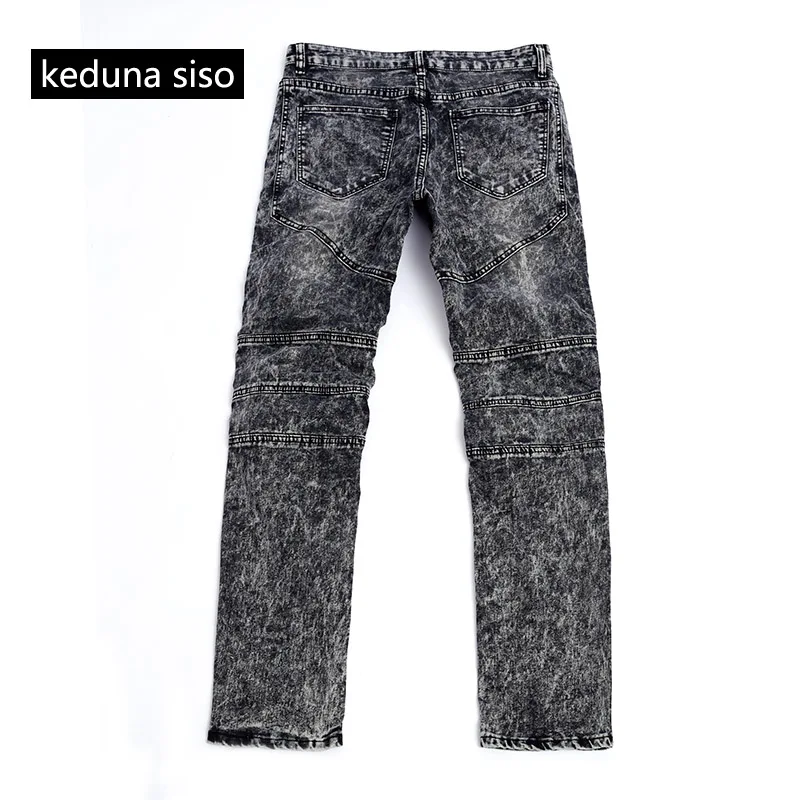 Мода Мужская Байкер Джинсы Брюки Slim Fit Плиссированные Мотоцикл Черный Серый