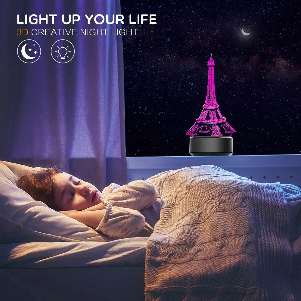 High Quality Eiffel Tower 3D Colorful Night Light Bedroom Table Desk Lamp 7 Colors 3D Optical Illusion Lights Drop Shipping