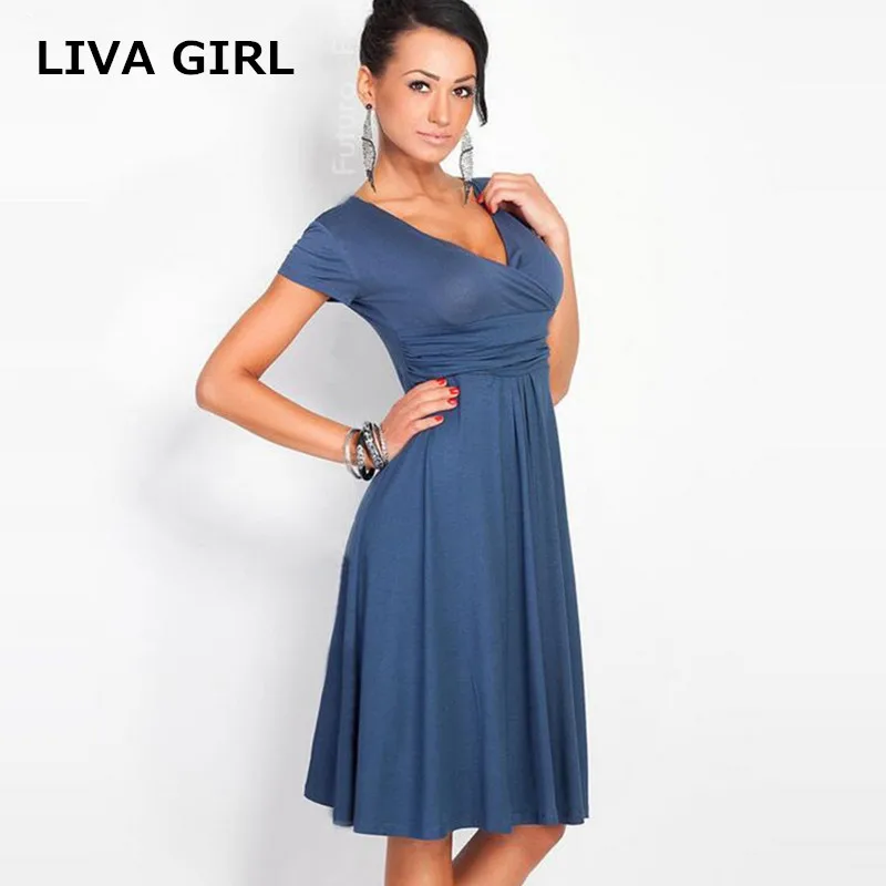 Liva Girl Women Deep v-neck Short Sleeve fold Summer Dresses Elegant Belted Tunic Party Cocktail Swing dress Vestidos BM1144 | Женская