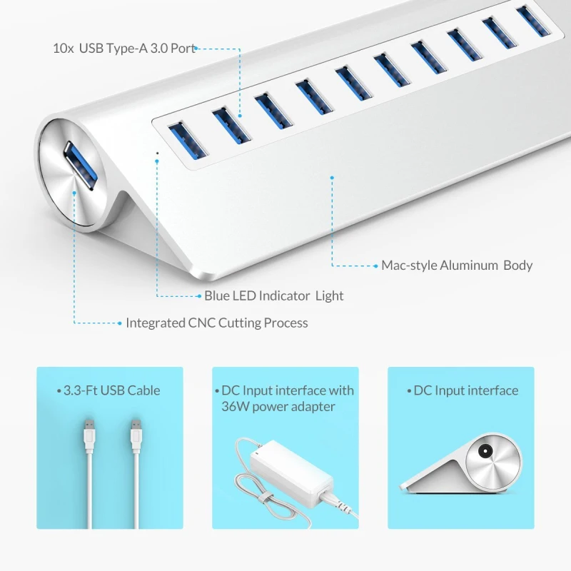 ORICO алюминиевый Конический дизайн Мульти 10 портов USB 3 0 концентратор