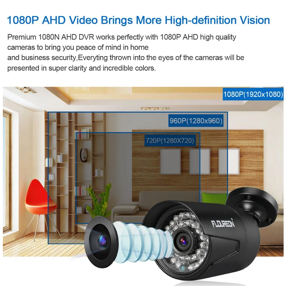 FLOUREON камера видеонаблюдения системы безопасности 8CH 5в1 1080N AHD DVR 4 шт. открытый 3000TVL 1080P 2.0MP камера безопасности комплект