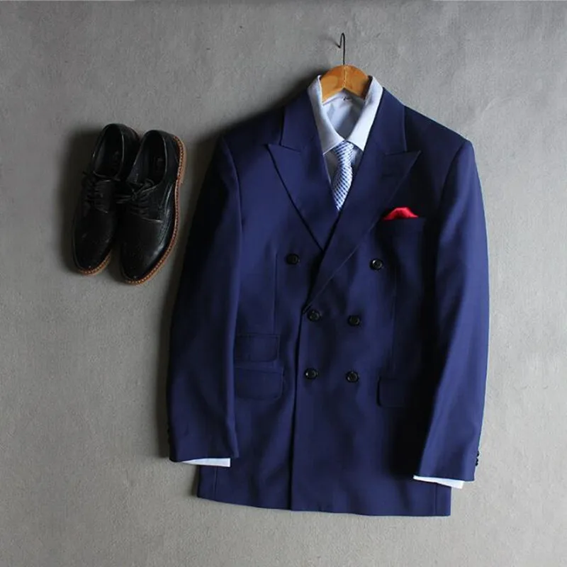 Синие мужские костюмы пиджак двубортный жених свадебное платье куртка на заказ