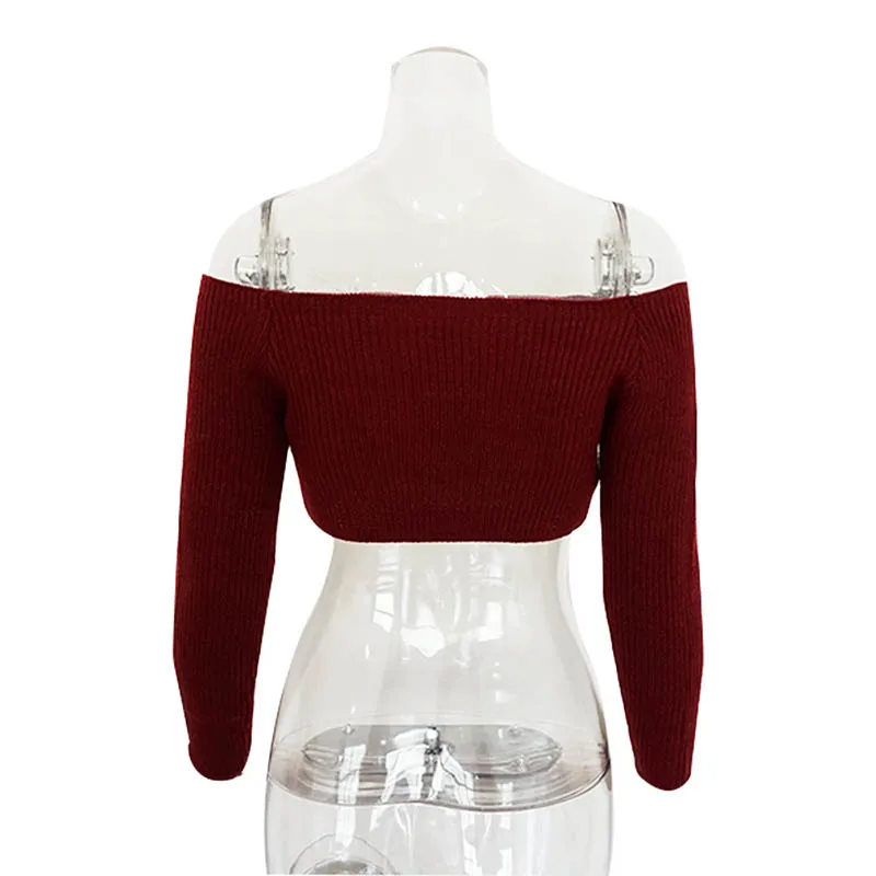 Женский сексуальный короткий свитер с открытыми плечами и высокой талией