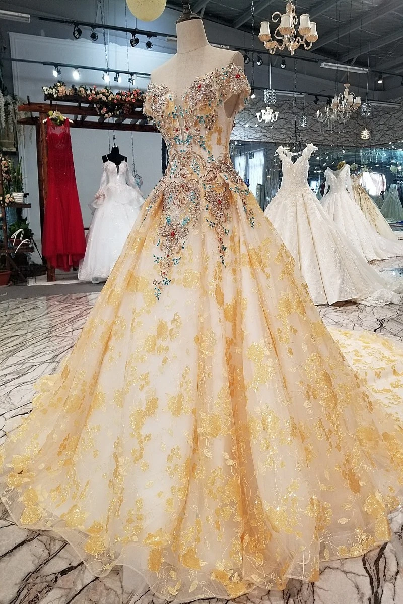 Aolanes 2018 Gold Lace Sweetheart Wedding Dresses Royal Train China Bridal Gown Backless Off The Shoulder Vestido De Noiva | Свадьбы и