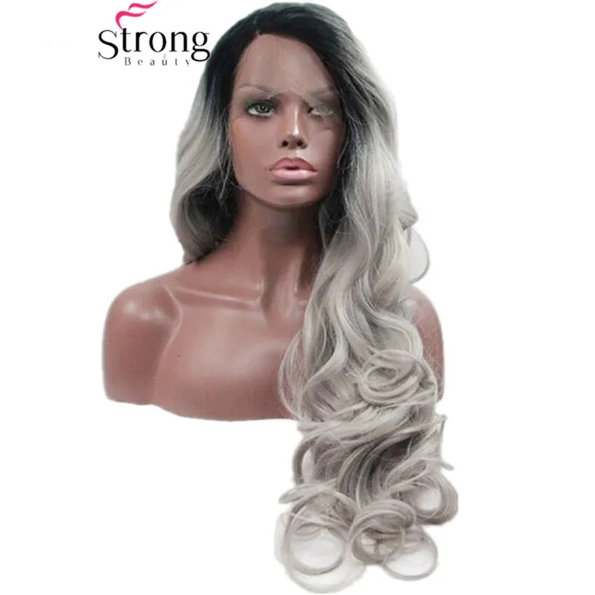 StrongBeauty Омбре пепельные 2 тона синтетический парик с кружевом спереди темно-корни длинные волнистые Серебристые серые замена волос выбор цвета