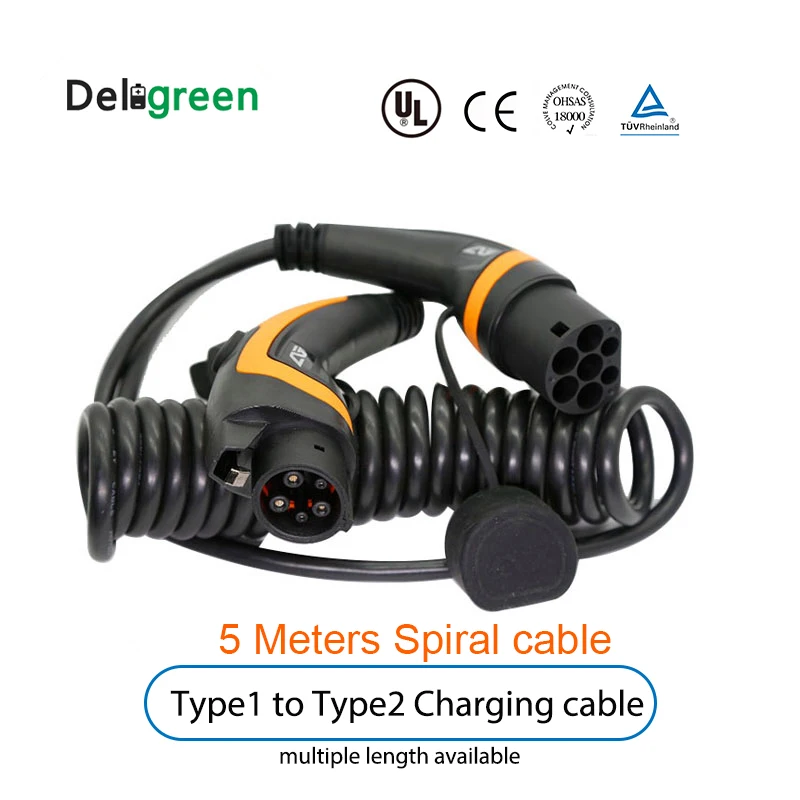 J1772 тип 1 к Тип 2 IEC62196 16A 32A для EV зарядная станция со спиральным кабелем 5 метров TUV/UL