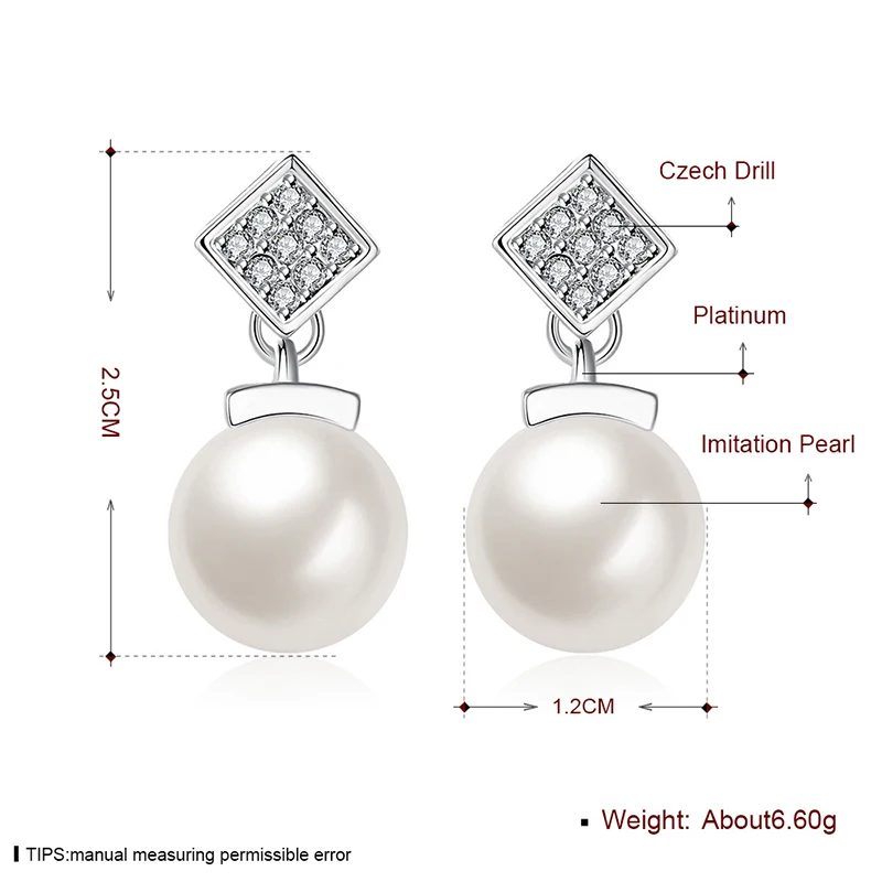 Квадратный кристалл CZ Большие имитация жемчуга Висячие серьги для Для женщин