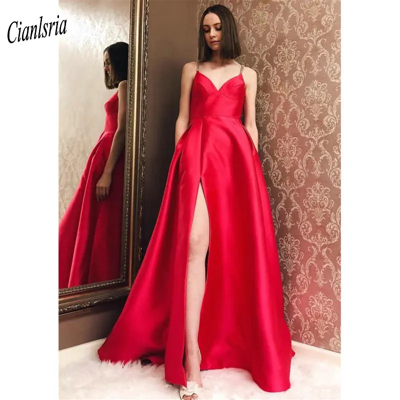 

Gorgeous Red Spaghetti Strap High Split Long Evening Dresses Sleeveless V-Neck Custom Made Formal Evening Party Dresses