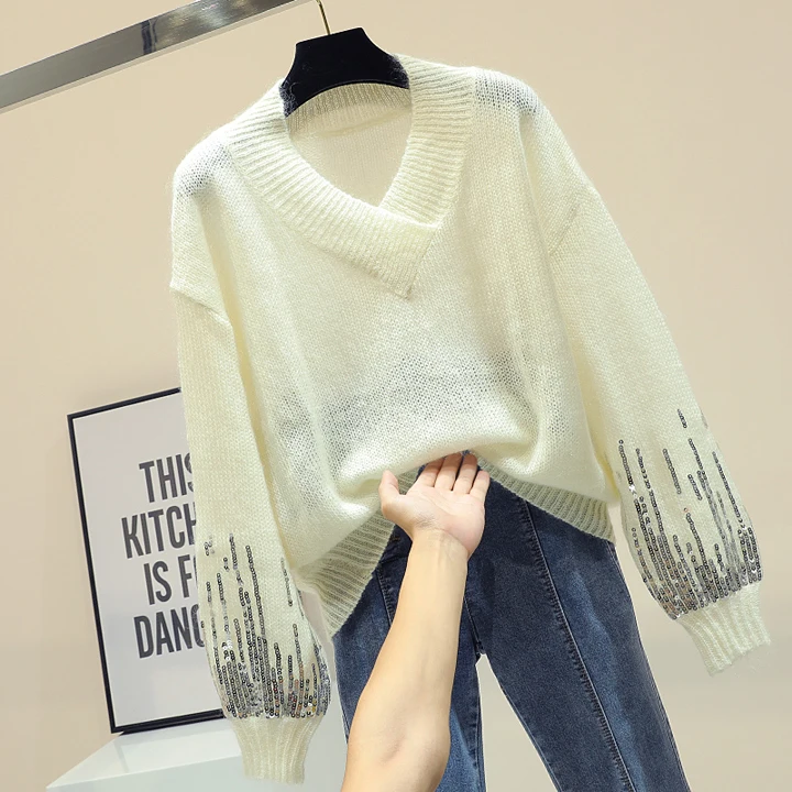Pullover women bf style V-neck solid color sequin stitching long-sleeved sweater 2018 autumn new jumper white top | Женская одежда