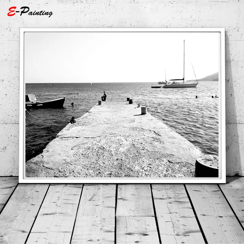 Dock Art Sea Print Black and White Photography Greece Ocean Poster Wall Decor Canvas Painting Picture | Дом и сад