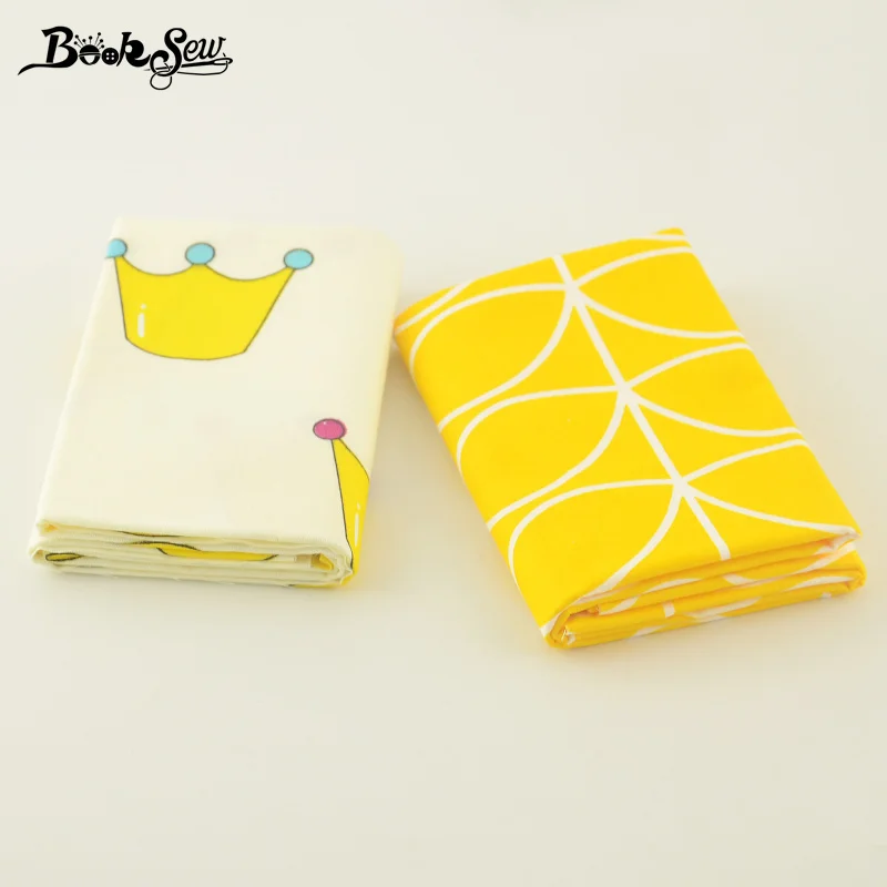 Booksew Cotton Twill Fabric 2pcs/lot 50x100CM Tissue Yellow Crown And Geometric Design Sewing Cloth For Baby Cushion Patchwork|sewing cloth|cloth for