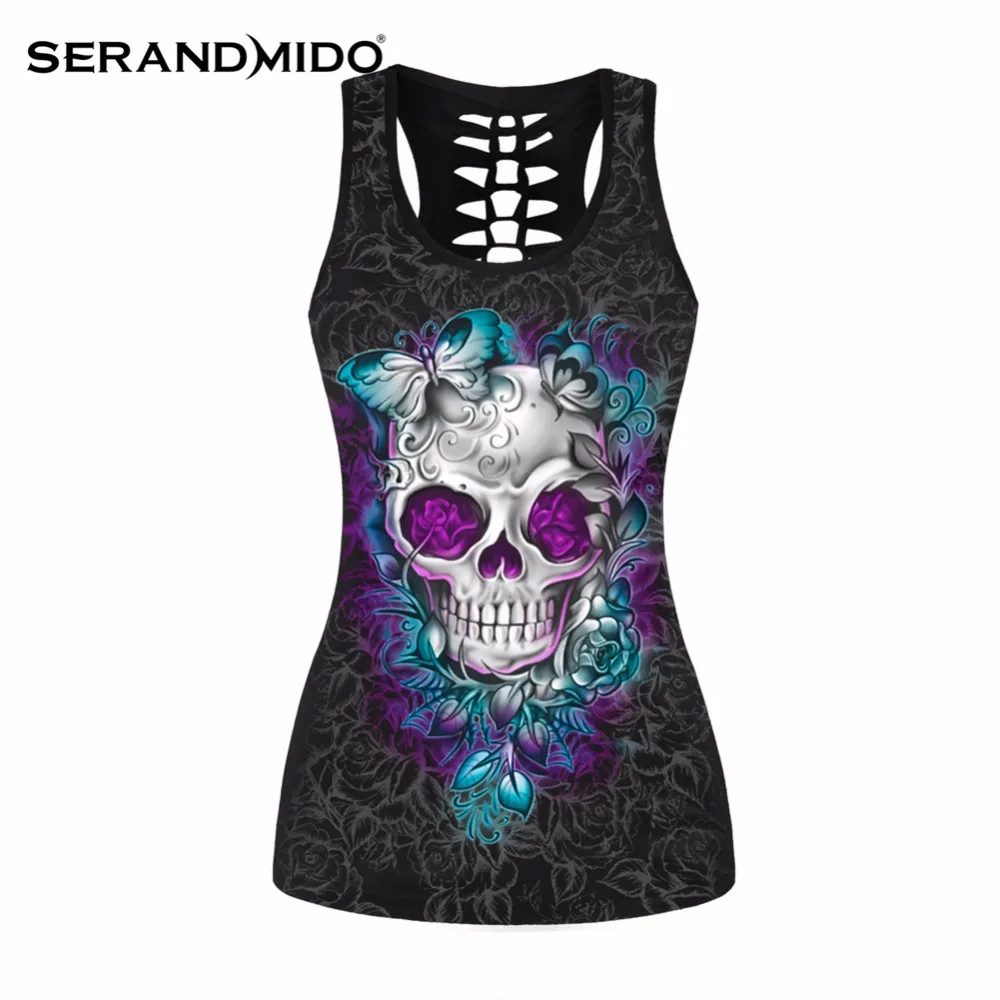 3D печатных череп Для женщин Безрукавки для летние открытые черный топ без