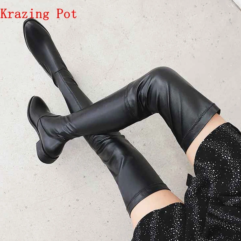 Krazing Pot/ г. Сапоги выше колена из натуральной кожи с круглым носком, стрейч толстые каблуки для суперзвезды, одежда тонкие ноги, высокие сапоги до бедра L3f1