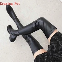krazing pot 2022 genuine leather round toe stretch over the knee boots thick heels superstar wear thin leg thigh high boots l3f1