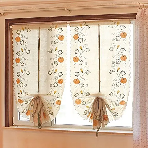 Pumpkin Embroidery Kitchen Curtains 100% Cotton Linen For Living Room Set Adjustable Balloon Window Curtain Bedroom | Дом и сад
