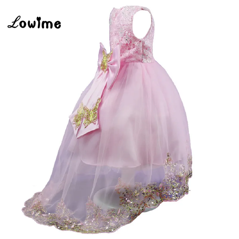 

Beauty Flower Girl Dresses Gold Applique Flower Dress For Weddings Ball Gown With Big Bow Girls Prom Dresses Vestido De Daminha