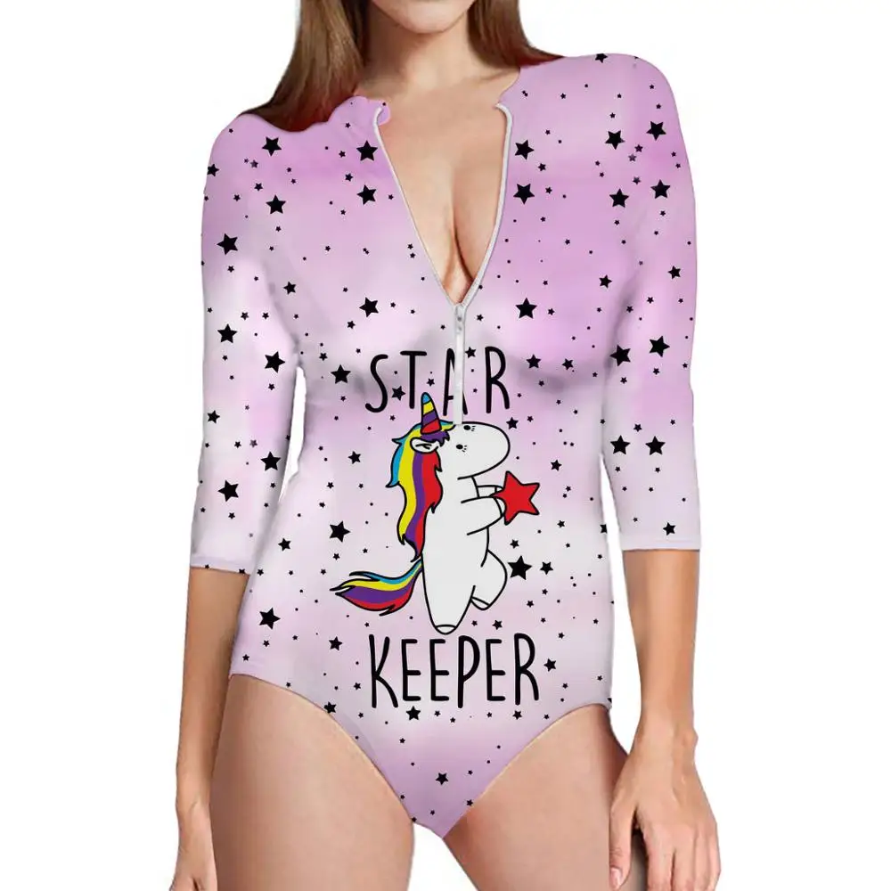 As picture THIKIN Единорог спортивный купальник с длинным рукавом сдельная пляжная одежда на молнии летняя пляжная одежда для женщин Женский купальник для серфинга для G - Цвет: As picture