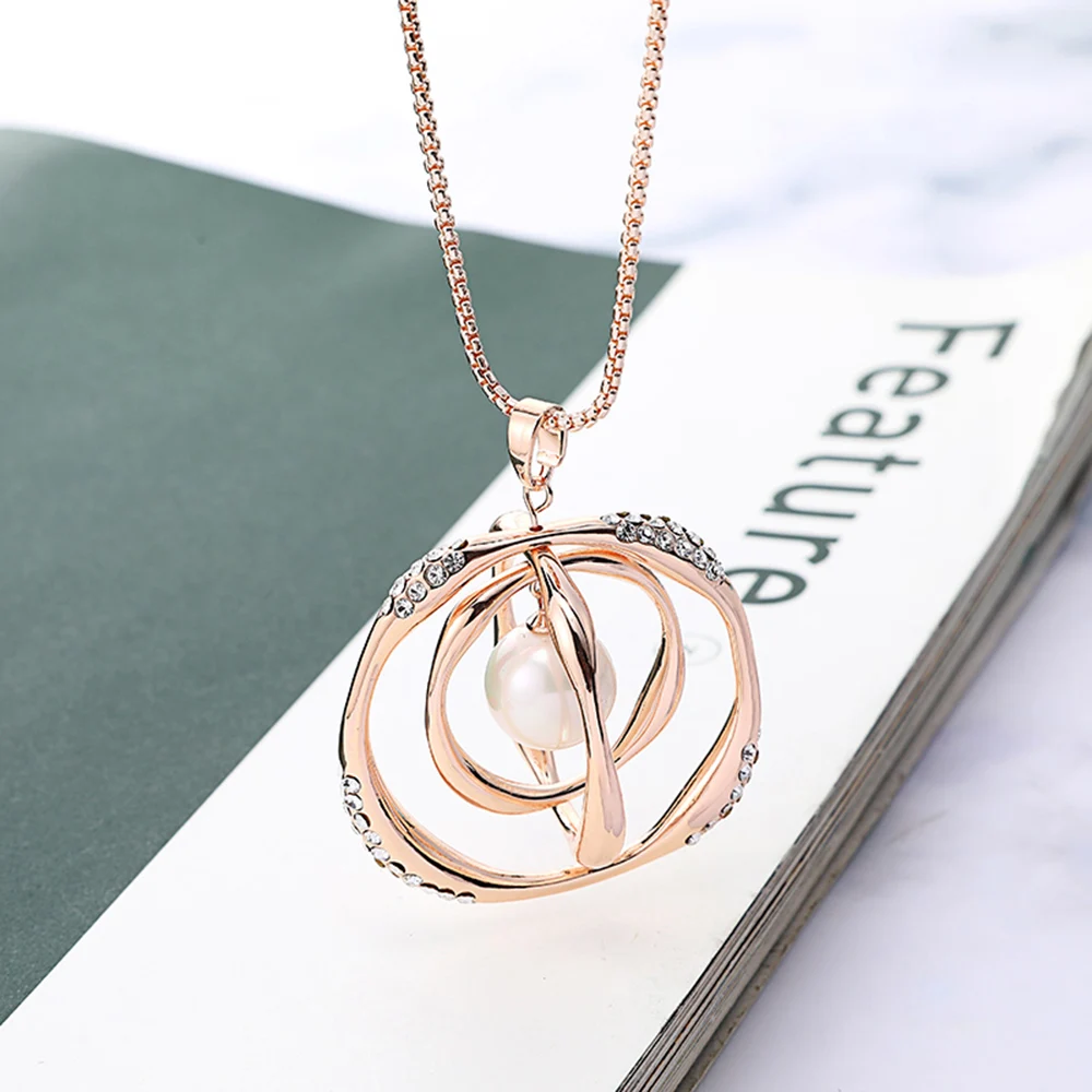 

Gold Waved Circles with Pearl Pendant Necklace for Women Color Crystal Geometric Round Long Necklace 2019 Fashion Jewelry Gift