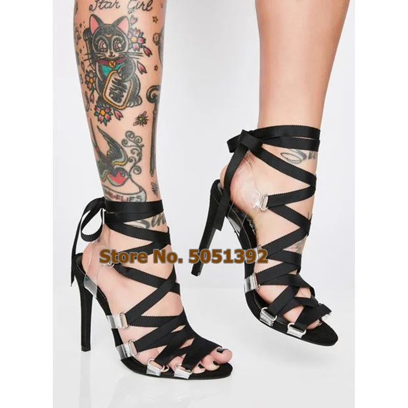 Jual Tinggi Tumit Musim Panas Terbuka Toe Stiletto PVC Renda Tali Sepatu Wanita Seksi Manis Cross Diikat Sandal Fashion Ukuran Besar