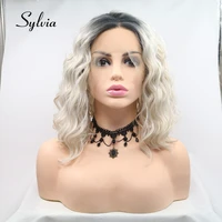 sylvia platinum blonde ombre short bouncy curly synthetic lace front wigs with dark roots middle part heat resistant fiber hair