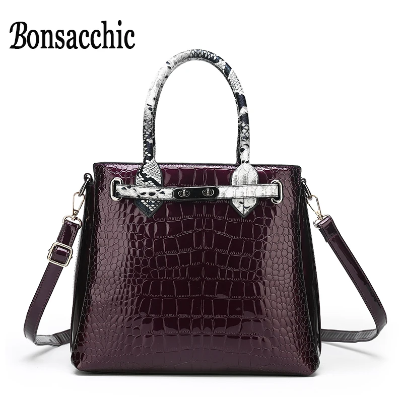 Bonsacchic красные лакированные кожаные сумки Дамская сумка из крокодиловой кожи