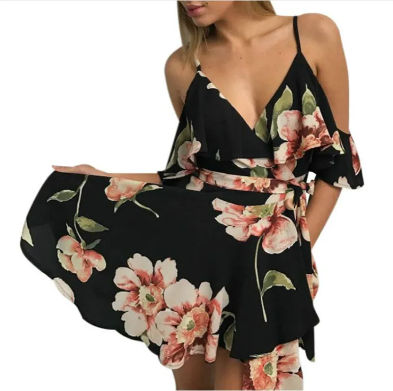 С открытыми плечами Глубокий V шеи Boho Цветочный принт мини-платье с оборками