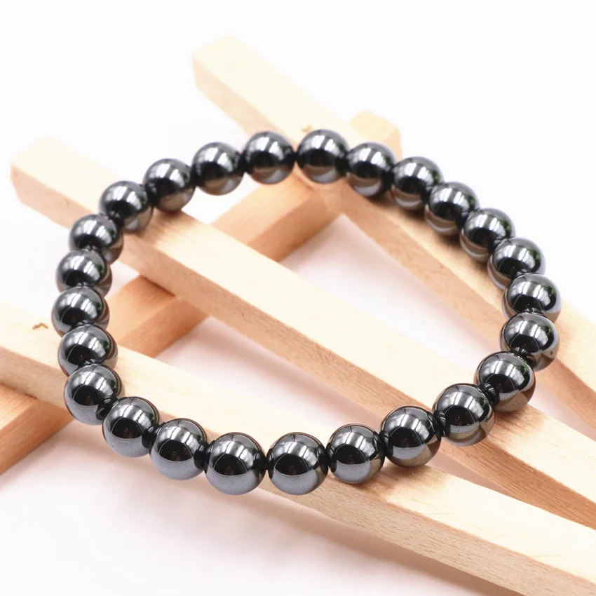 Fashion Natural Hematite Stone Strand Bracelet Statement for Women 8mm Round Beads Charms Bangle Healthy Jewelry 7.5inch A517 | Украшения и