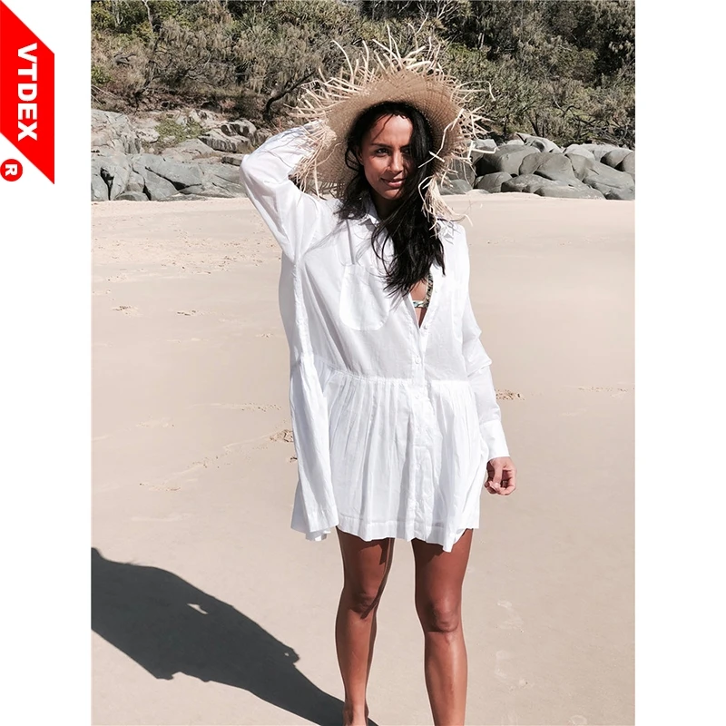 White Cotton Loose Beach dress Saida de Praia Women Cover up Kaftan Pareos Playa Mujer Lace Bikini Swimsuit Suit |