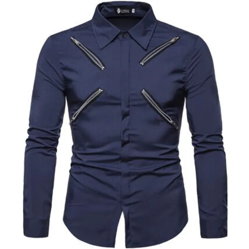 navy blue Летняя Высококачественная Мужская рубашка, модная индивидуальная рубашка на молнии с длинным рукавом - Цвет: navy blue