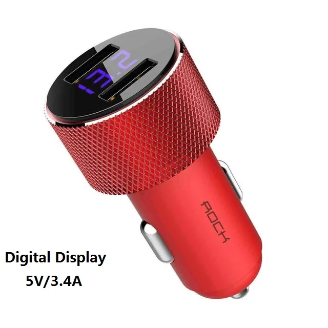 ROCK USB Автомобильное зарядное устройство 3.4A светодиодный цифровой дисплей Металлический Двойной Универсальный USB быстрая зарядка автомобильное зарядное устройство адаптер для iPhone 7 8 X XR MAX - Тип штекера: Red LED 3.4A