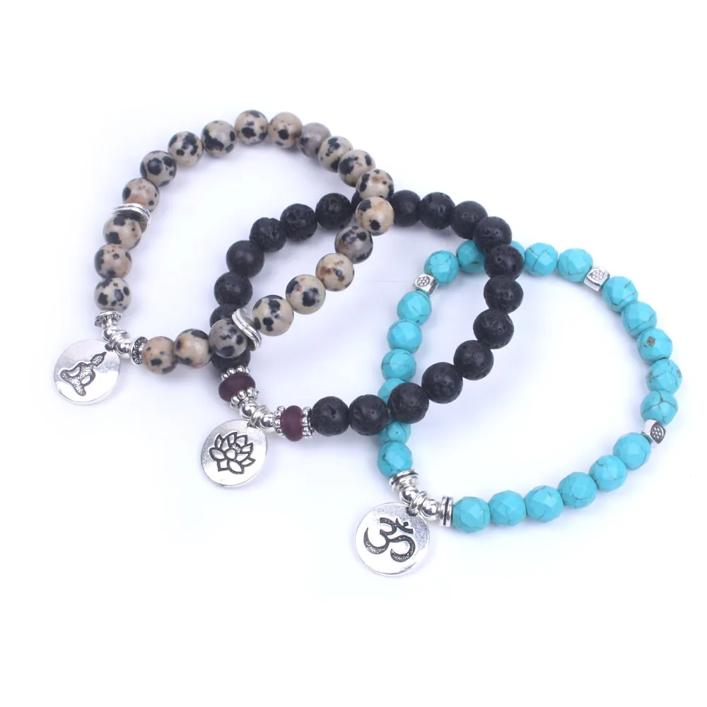 8mm Natural stone beads with OM Lotus Buddha yoga bracelet set of 3 men &amp women strand dropshipping | Украшения и аксессуары