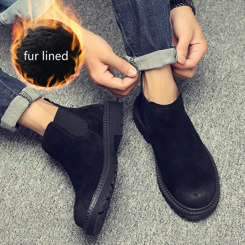 black fur Г. Ботинки «Челси» мужские ботильоны из натуральной кожи без шнуровки модная новая плюшевая мужская обувь на меху красивые черные ботинки из коровьей замши, размеры 38-44 - Цвет: black fur