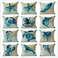 bule marine turtles octopus sea horse jellyfish throw pillow case on couch ocean animal linen comfortable cushion cover