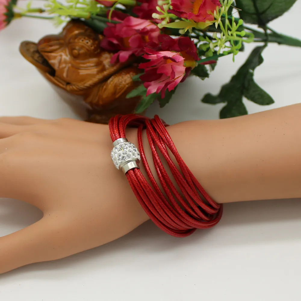 1 шт. Pulseiras Femininas Многослойная Веревка Цепь магнитные хрустальные браслеты из бусин Пряжка кожаная обертка