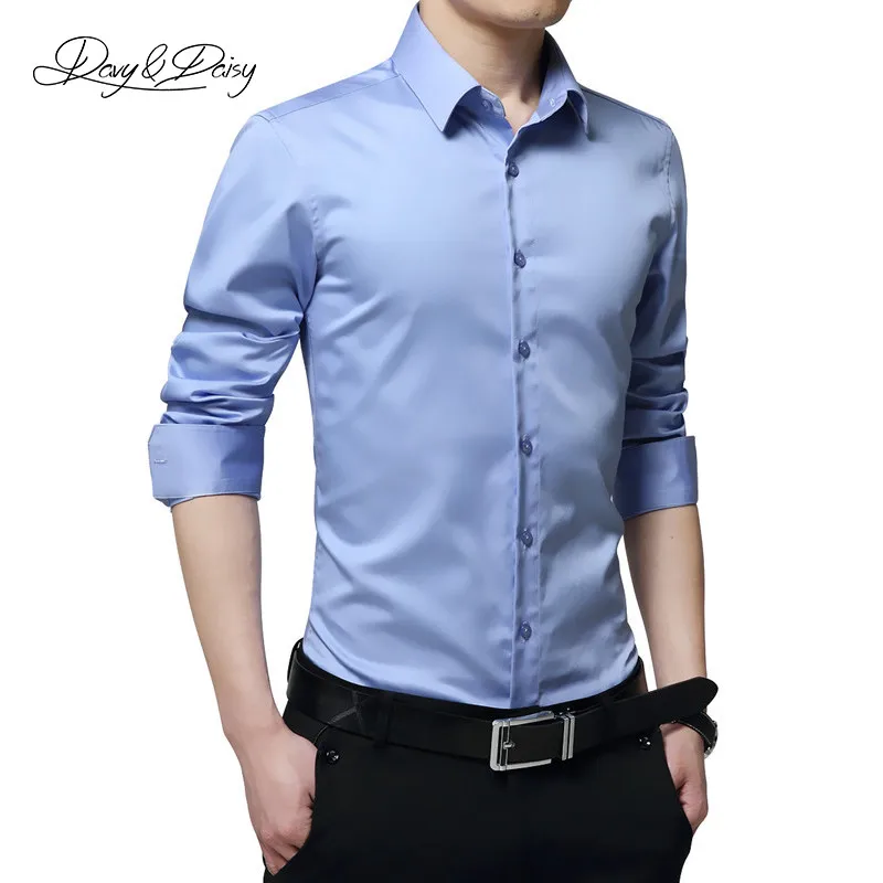 Light Blue DAVYDAISY, высокое качество, новинка, хлопок, мужская рубашка с длинным рукавом, однотонная, брендовая, повседневная, деловая рубашка, мужская рубашка DS060 - Цвет: Light Blue