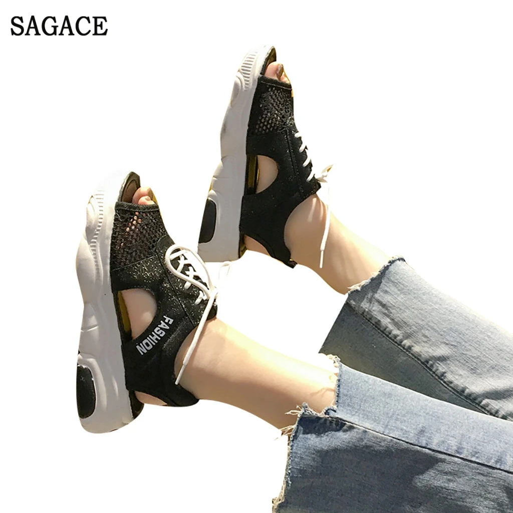 Женские сандалии на танкетке SAGACE черные повседневные спортивные с открытым