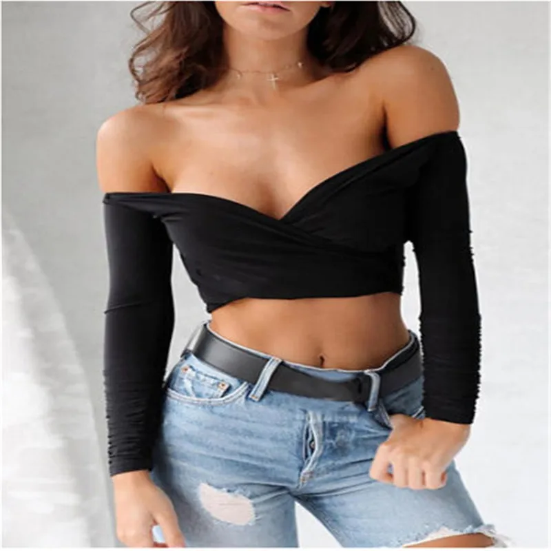 

New Women Sexy Deep V-neck Long Sleeve Off Shoulder Backless Crop Top Midriff-baring Tees Dating Party Club Clothes